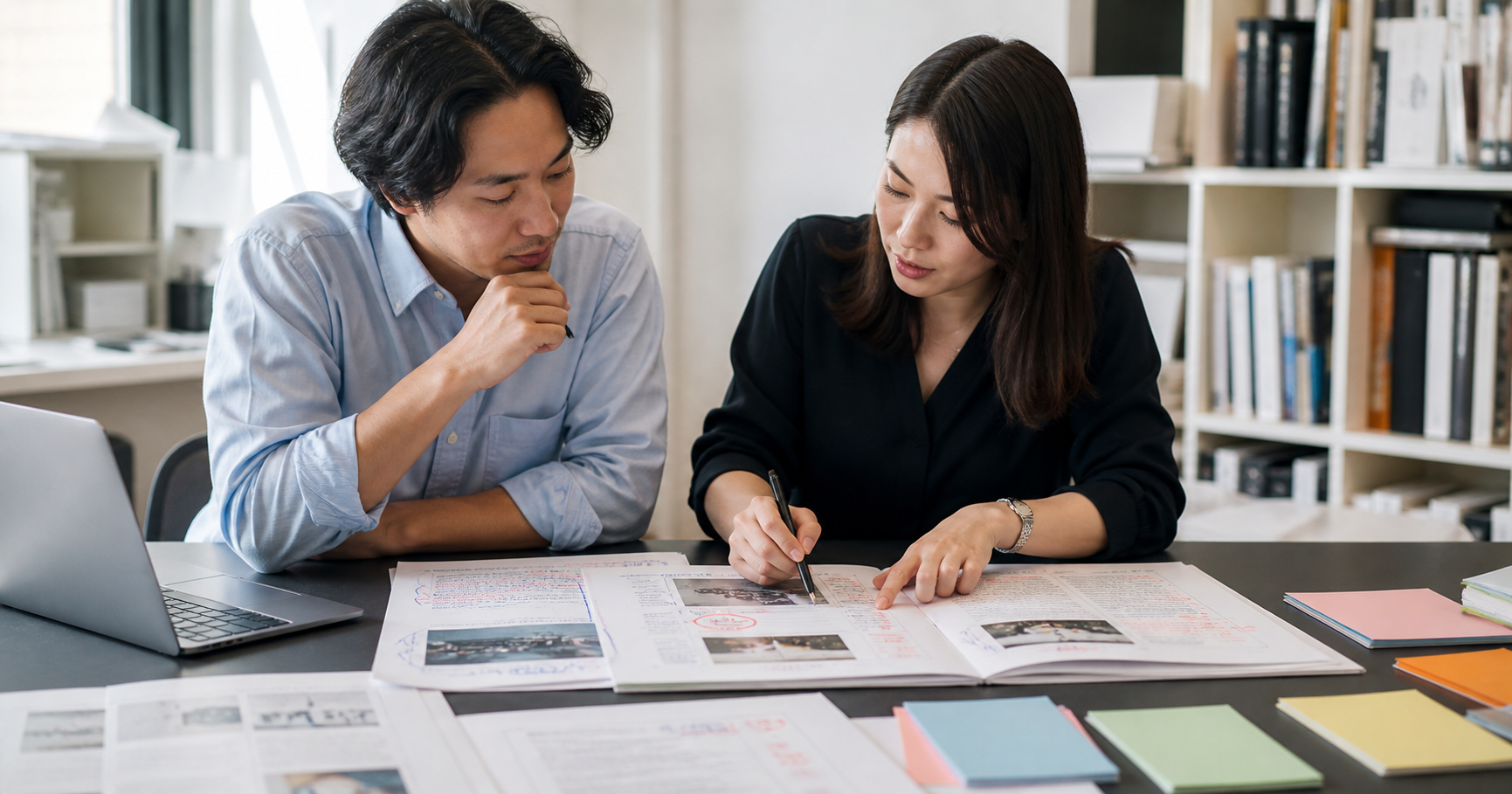 Editor and assistant reviewing corrections to an article