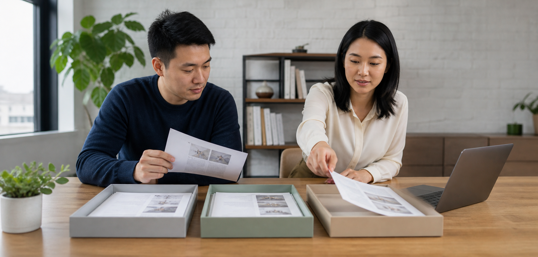 Two colleagues sorting article pages through review stages